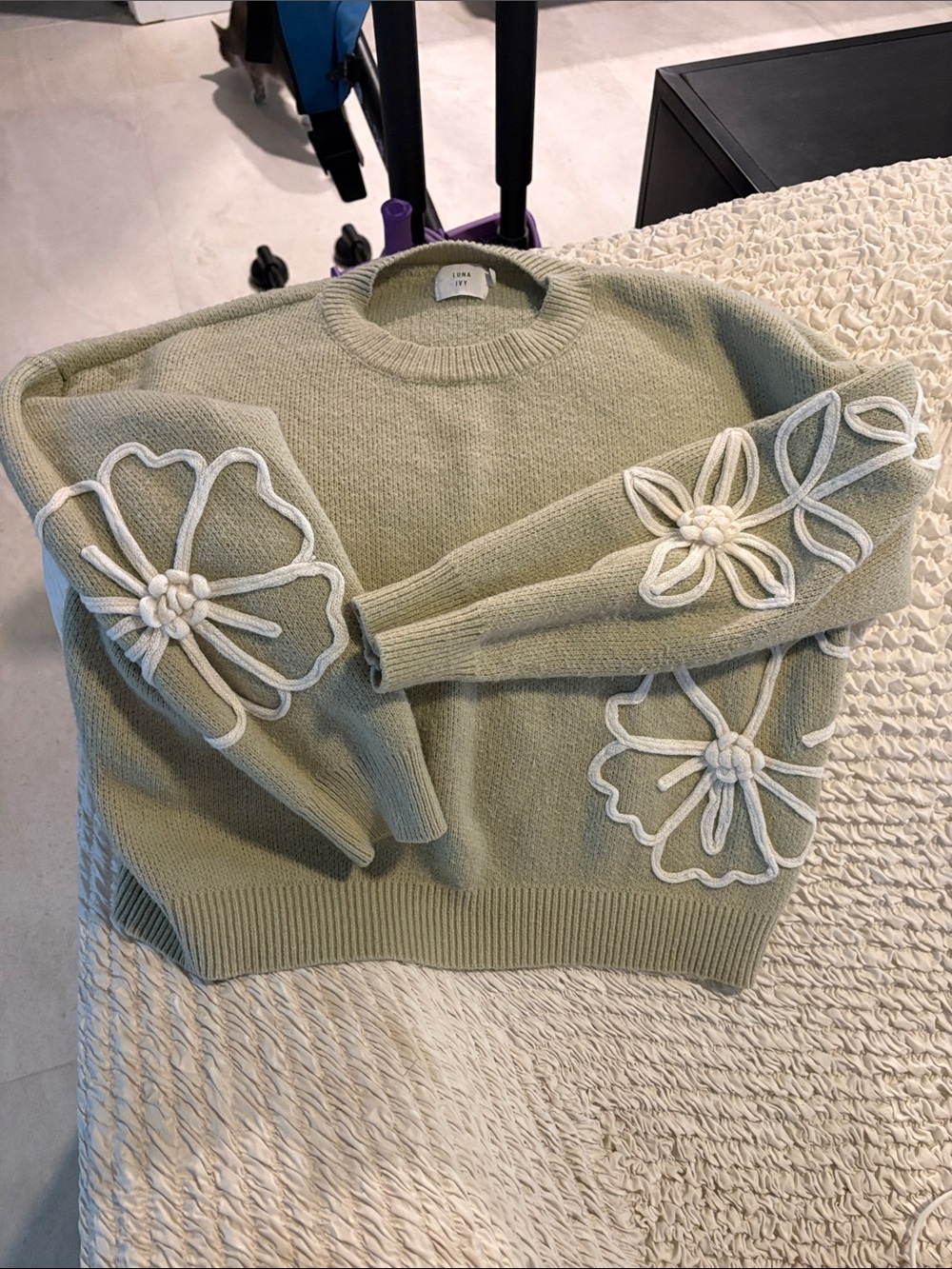 Crewneck Sweater with Floral Appliqué - Pale Sage